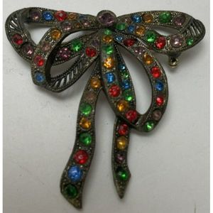 Little Nino L/N Multicolor Rhinestone Bow Brooch Signed